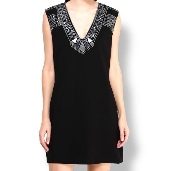 BCBGMAXAZRIA Black Beaded Sequin V-Neck Mini Dress Cocktail Party Size Large - Picture 1 of 11